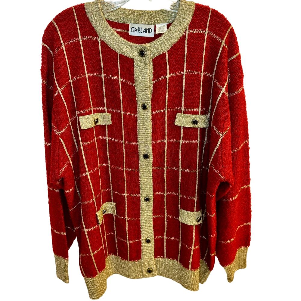 Garland Vintage Red and Metallic Gold Knit Cardigan 60's-70's Classic Glam 3X